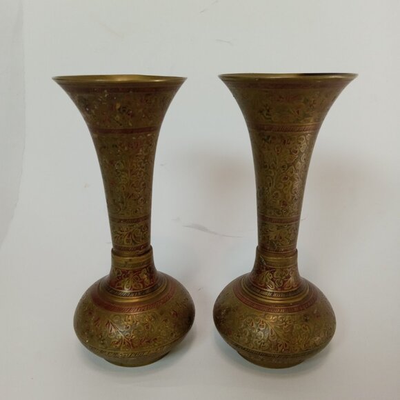 Vintage Pair Hand Painted Floral Leaf Etched India Brass Vases 9” Antique - Picture 1 of 10